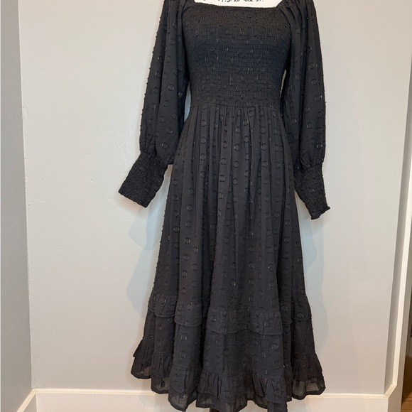 Oliphant Smocked Top Ruffle Midi- Midnight Black/Gold Tiered Dress, Size SMALL - Picture 6 of 17